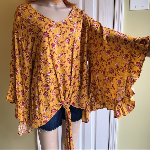 HPx2 Mustard Red Floral Tunic Relaxed Fit Ruffle Butterfly Sleeves Tie Waist SML - Picture 3 of 16